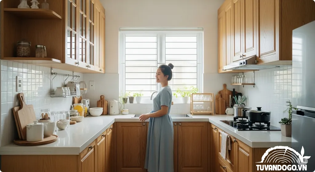 Không gian bếp hiện đại với tủ bếp gỗ, người phụ nữ Việt Nam