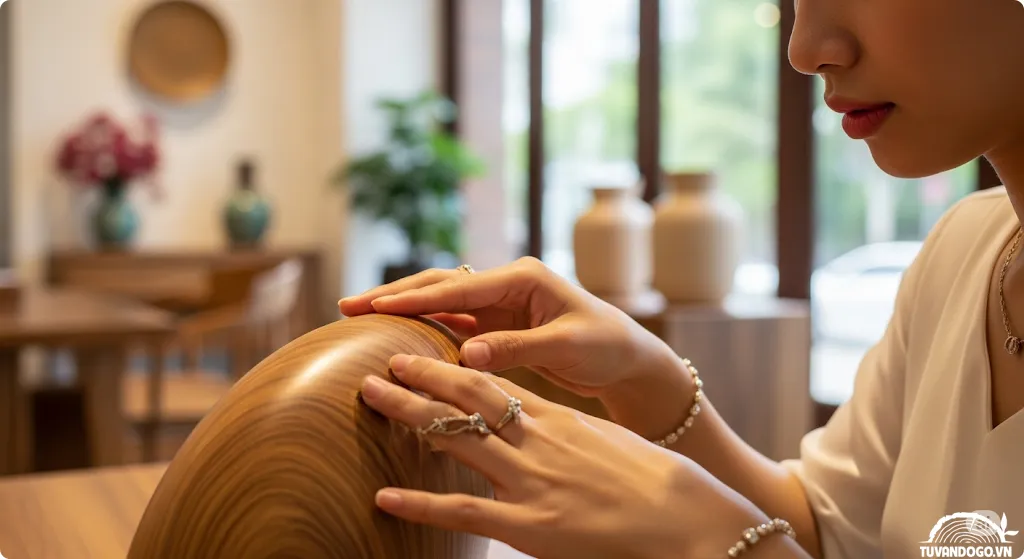 Người phụ nữ Việt Nam đang kiểm tra chất lượng đồ gỗ thủ công mỹ nghệ