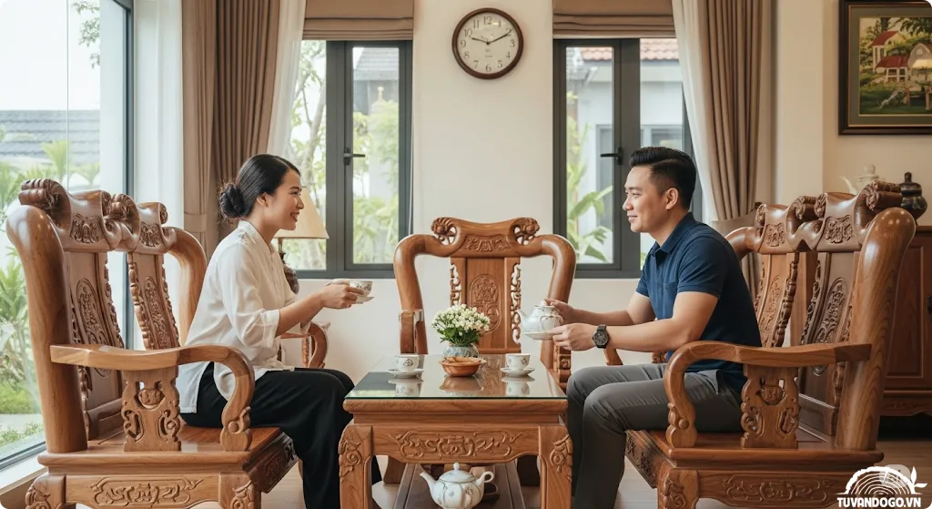 Phong cách nội thất phòng khách hiện đại với bộ bàn ghế gỗ thủ công mỹ nghệ Việt Nam tinh xảo