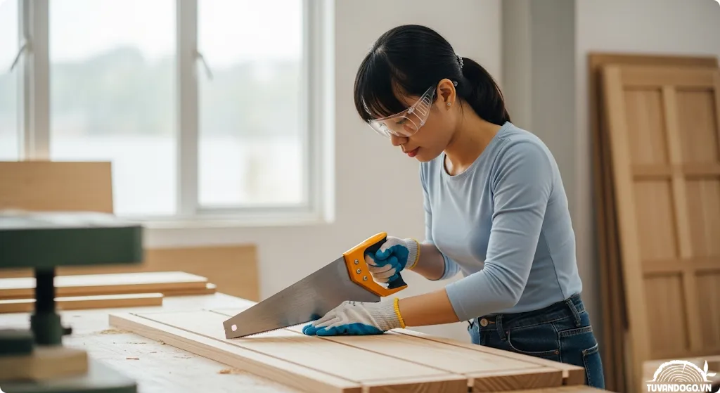 Người Việt đang gia công gỗ bằng cưa tay hoặc máy khoan
