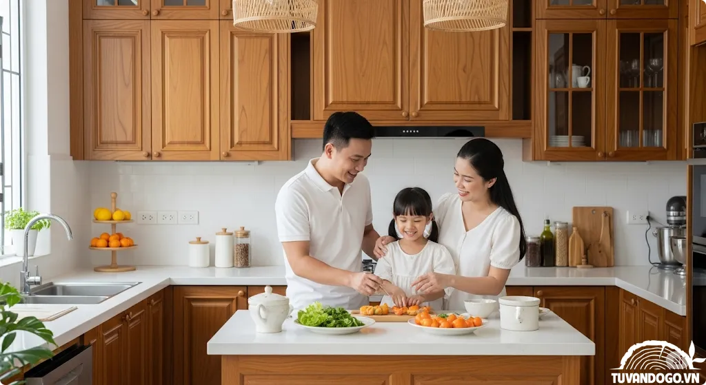 Gia đình hạnh phúc trong bếp, tiện nghi tủ bếp, bếp ấm cúng, không gian sống hiện đại