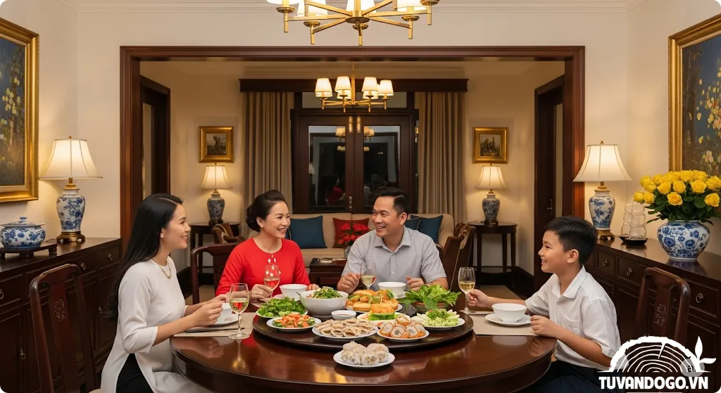 gia đình Việt quây quần bàn ăn gỗ tròn
