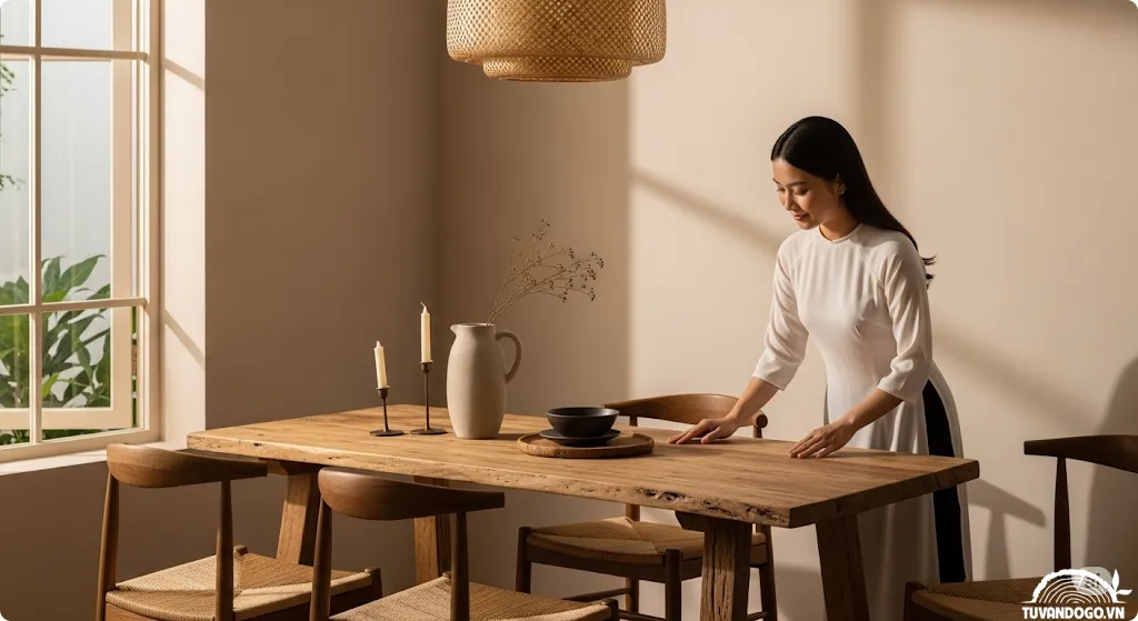 Nội thất gỗ tái chế bền vững với vân gỗ mộc mạc và phụ nữ Việt Nam