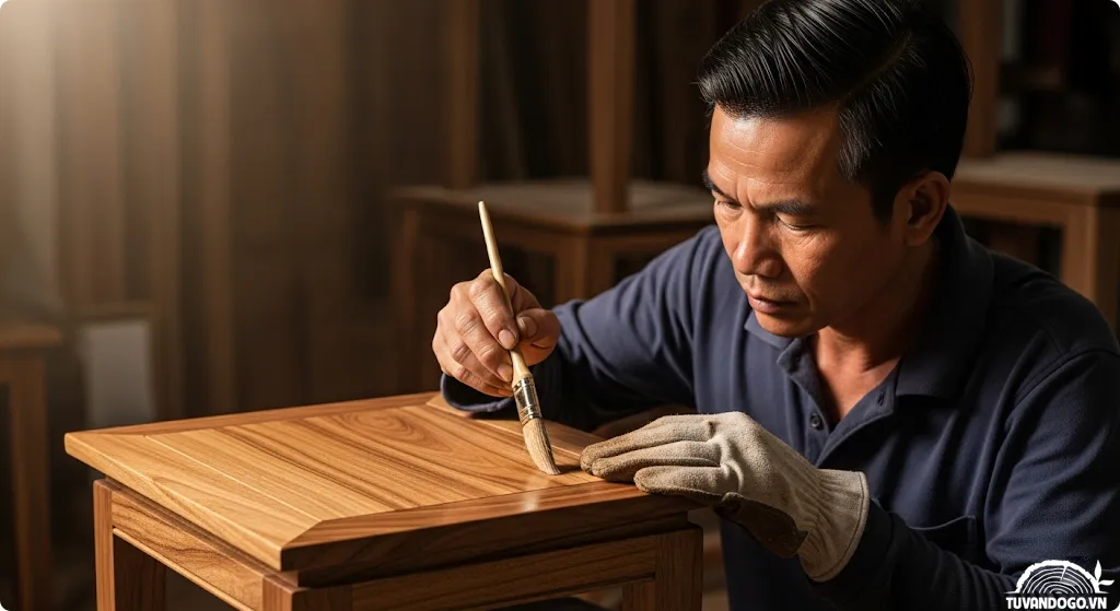 Người Việt đang hoàn thiện đồ gỗ bằng cách sơn hoặc lau dầu