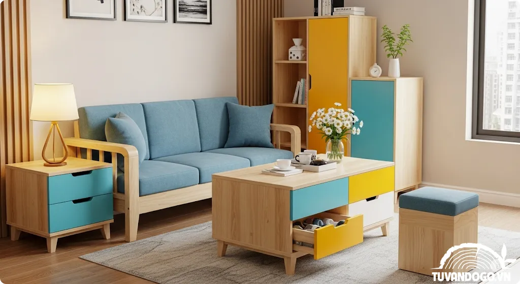 Kê bộ bàn ghế 6 món phòng khách nhỏ chung cư