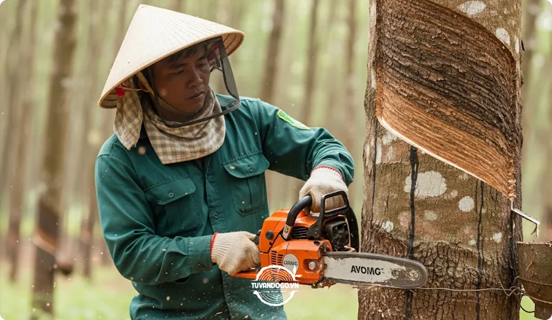 Công nhân đang khai thác gỗ từ cây cao su