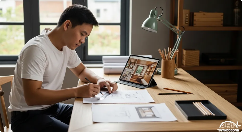 Người đàn ông Việt Nam phác thảo ý tưởng thiết kế nội thất gỗ