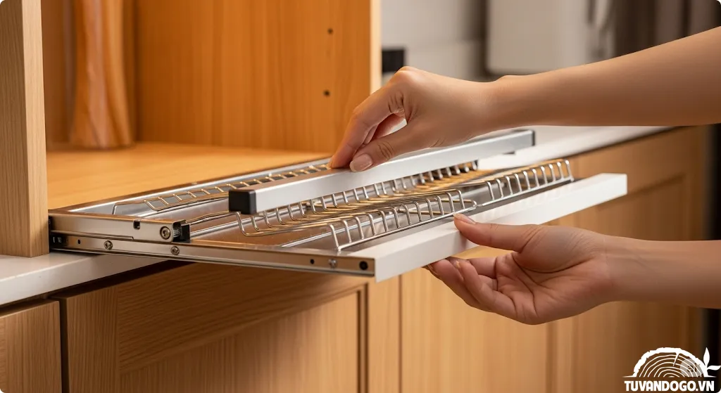 Phụ kiện tủ bếp thông minh inox 304 hoạt động hiệu quả tối đa không gian