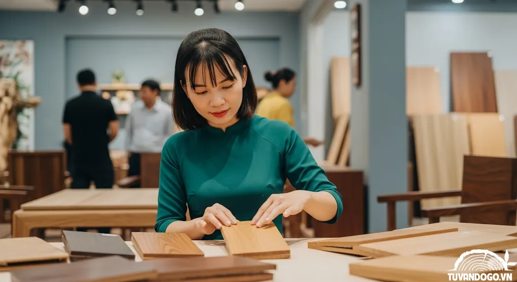 Người phụ nữ đang lựa chọn mẫu gỗ tự nhiên cho nội thất