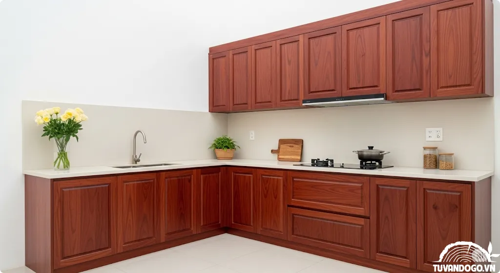 Tủ bếp gỗ Căm Xe bền chắc với màu đỏ sẫm
