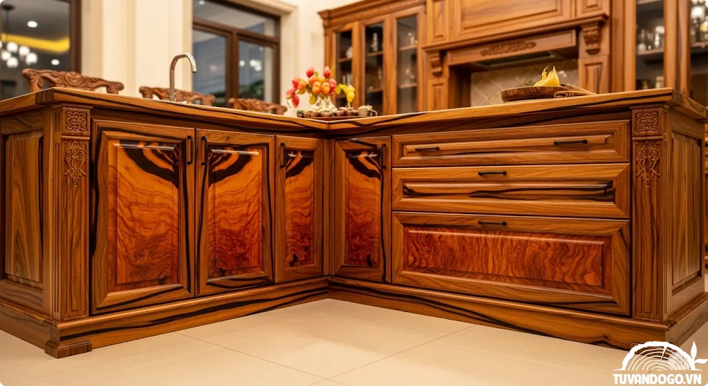 Tủ bếp gỗ Gõ Đỏ quý phái với vân gỗ da hổ