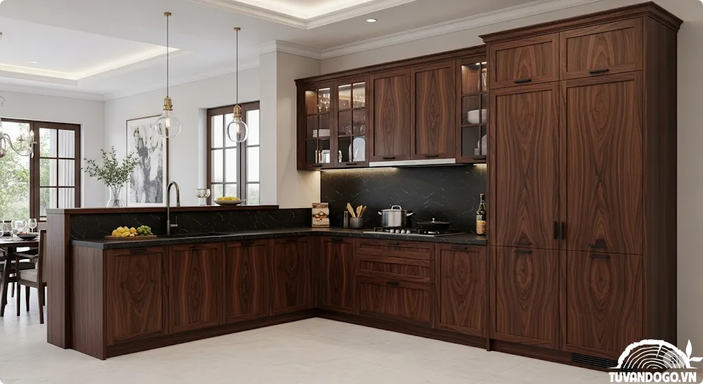 Tủ bếp gỗ Óc Chó sang trọng với vân gỗ độc đáo