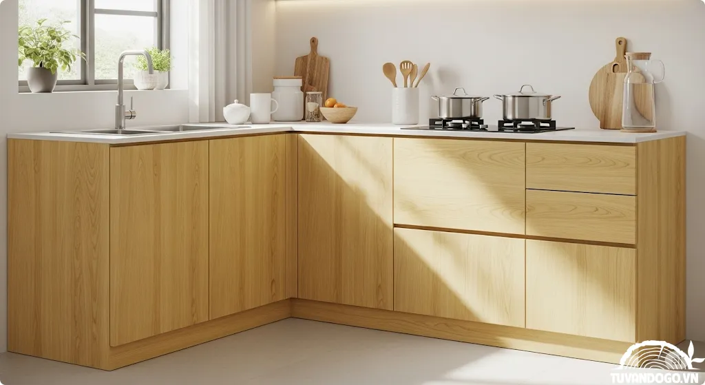 Mẫu tủ bếp gỗ Sồi hiện đại với vân gỗ tự nhiên