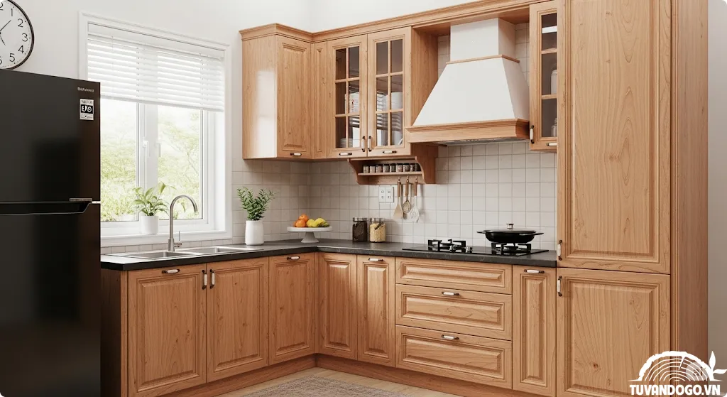 Tủ bếp gỗ Xoan Đào màu cánh gián ấm cúng