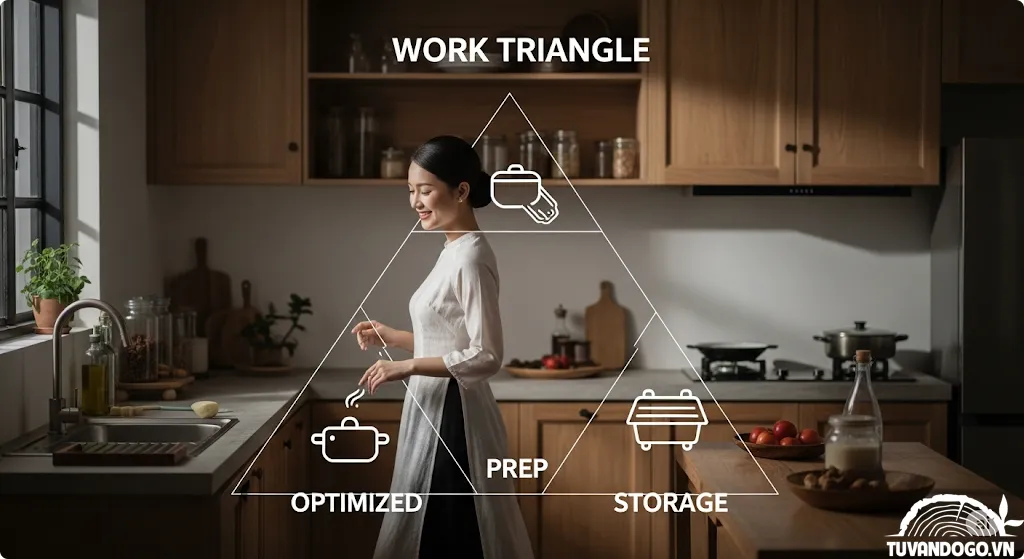 Sơ đồ tam giác công năng tối ưu bố trí phụ kiện tủ bếp gỗ