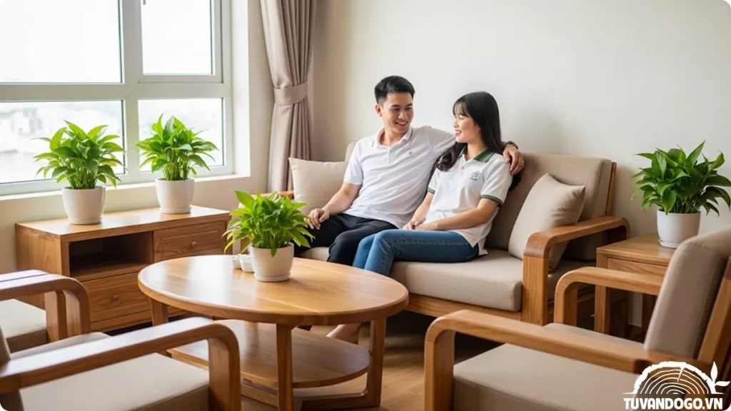 Phong cách nội thất gỗ hiện đại 2025 tại Việt Nam với đường cong và vật liệu tự nhiên