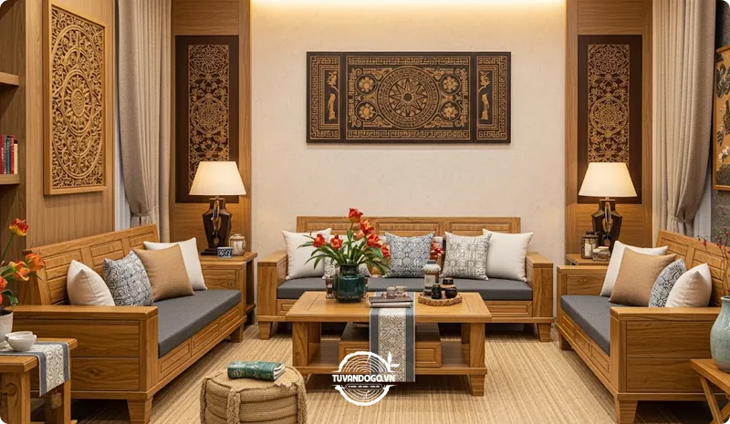 Phòng khách hiện đại với nội thất gỗ cao su