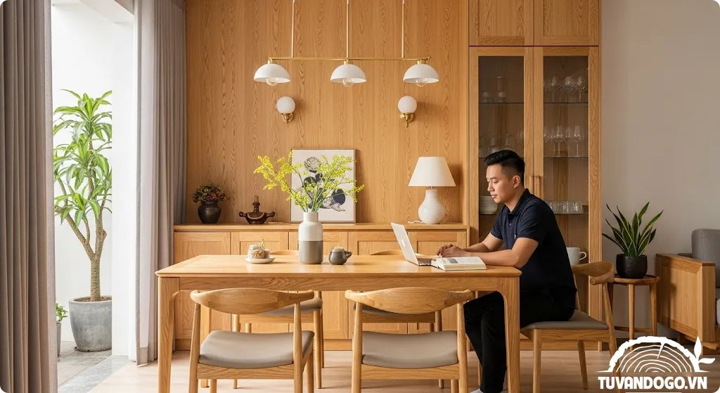 Không gian phòng ăn hiện đại với gỗ sồi