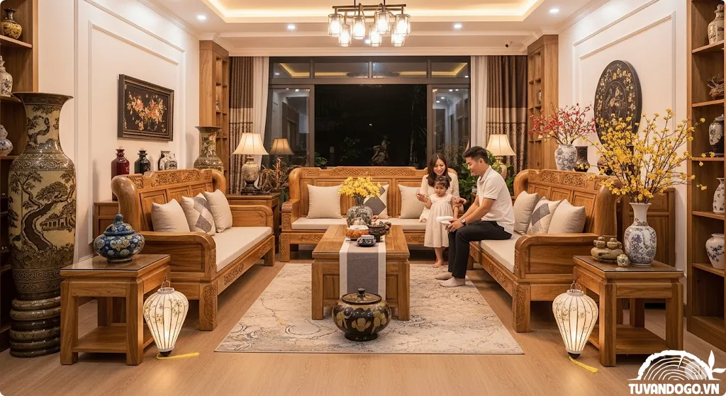 Phòng khách phong cách cổ điển với bàn ghế gỗ tự nhiên