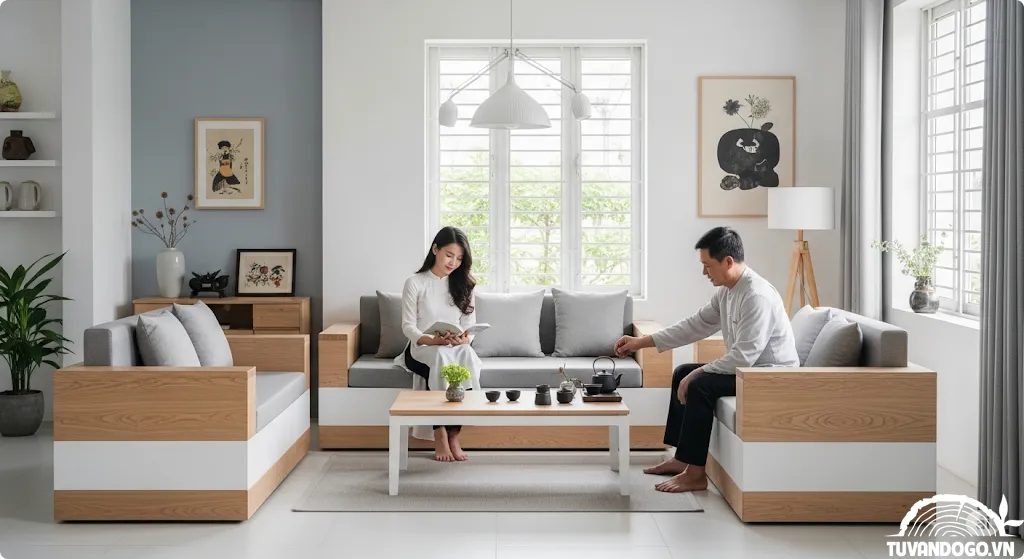 Phòng khách hiện đại với bàn ghế gỗ công nghiệp tối giản