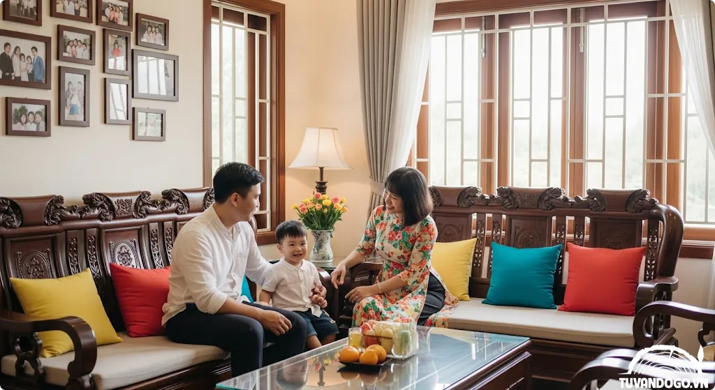 Phòng khách ấm cúng với bàn ghế gỗ được lựa chọn phù hợp