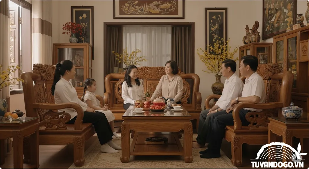 Phòng khách ấm cúng với bộ bàn ghế gỗ tự nhiên, gia đình Việt sum vầy