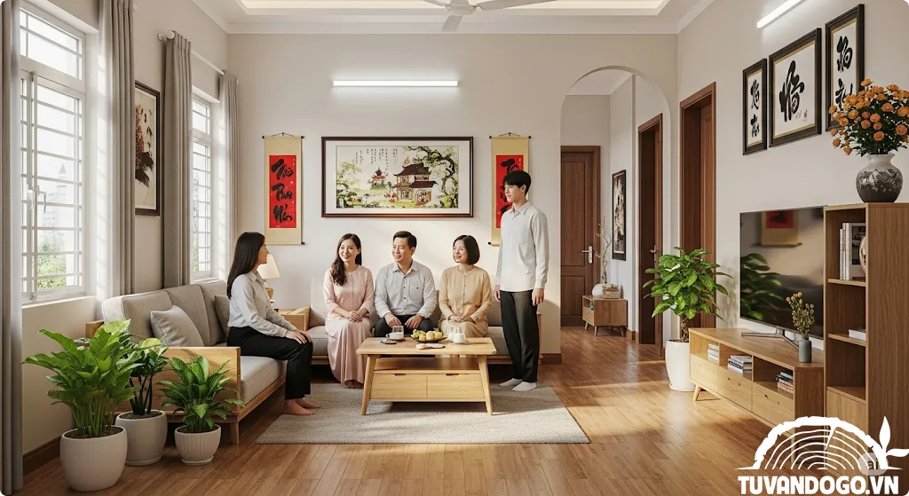 Phòng khách nhà ống bố trí hợp phong thủy và cây xanh