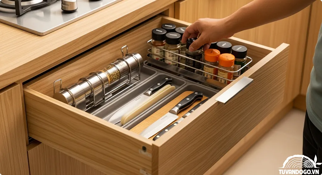 Giá dao thớt gia vị ngăn nắp trong tủ bếp gỗ dưới