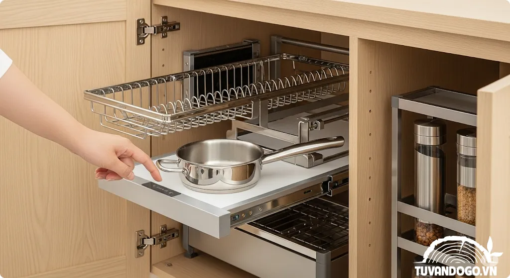 Phụ kiện tủ bếp thông minh: giá bát nâng hạ, giá xoong nồi, giá gia vị