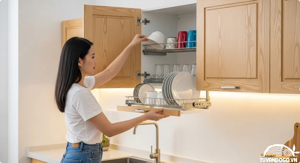 Giá bát đĩa nâng hạ tiện lợi trong tủ bếp gỗ trên
