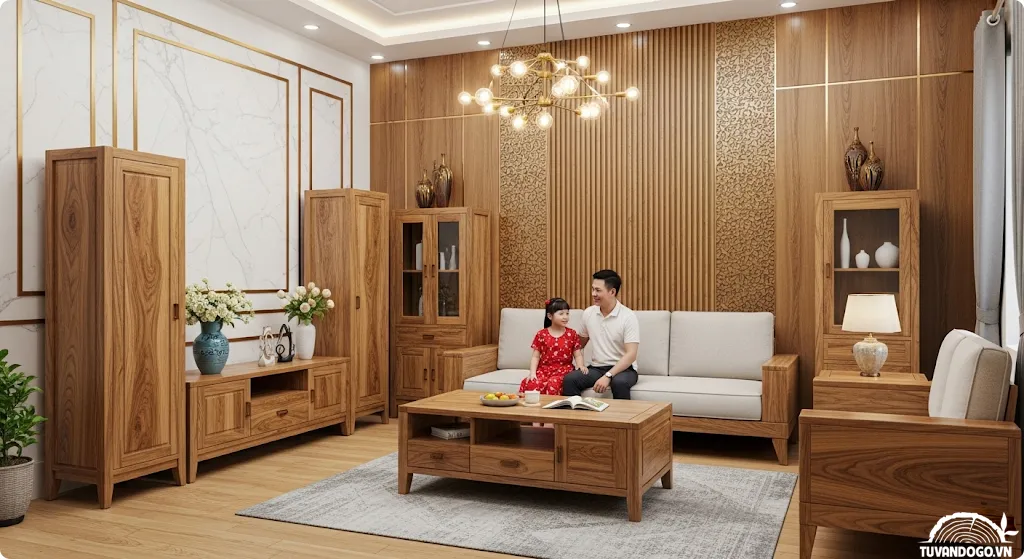 Nội thất phòng khách kết hợp gỗ công nghiệp và gỗ tự nhiên