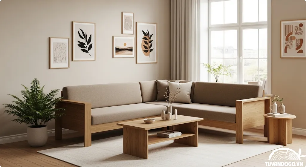 Sofa gỗ chữ L hiện đại tối ưu không gian phòng khách