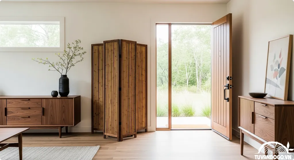 Bố trí bàn ghế gỗ tránh đối diện cửa chính theo phong thủy