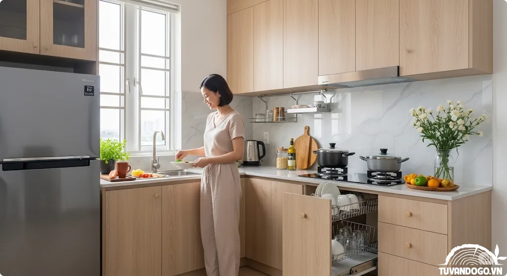 Tủ bếp gỗ hiện đại tối ưu không gian cho căn hộ chung cư nhỏ tại Việt Nam