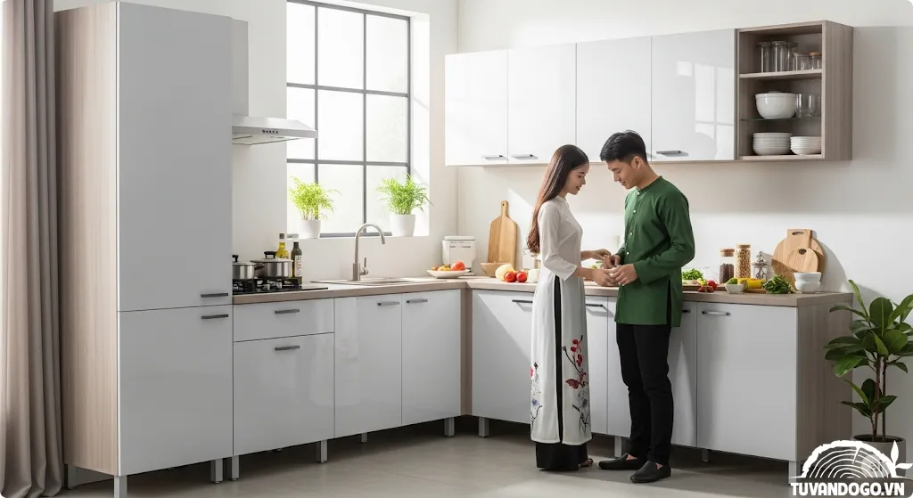 Tủ bếp gỗ công nghiệp đẹp, tủ bếp Acrylic, tủ bếp Laminate, thiết kế bếp nhỏ gọn