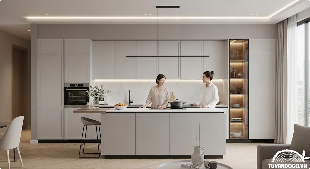 Xu hướng tủ bếp hiện đại 2025, tủ bếp thông minh, thiết kế bếp mở, tủ bếp màu xám