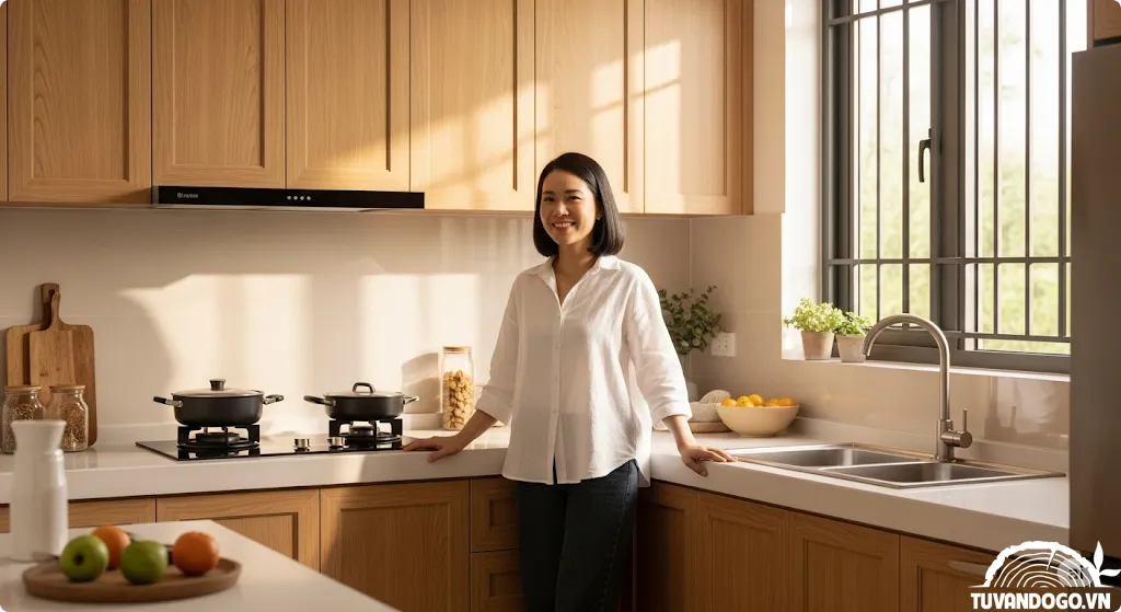 Tủ bếp gỗ hiện đại kích thước tiêu chuẩn và người phụ nữ Việt đang sử dụng bếp
