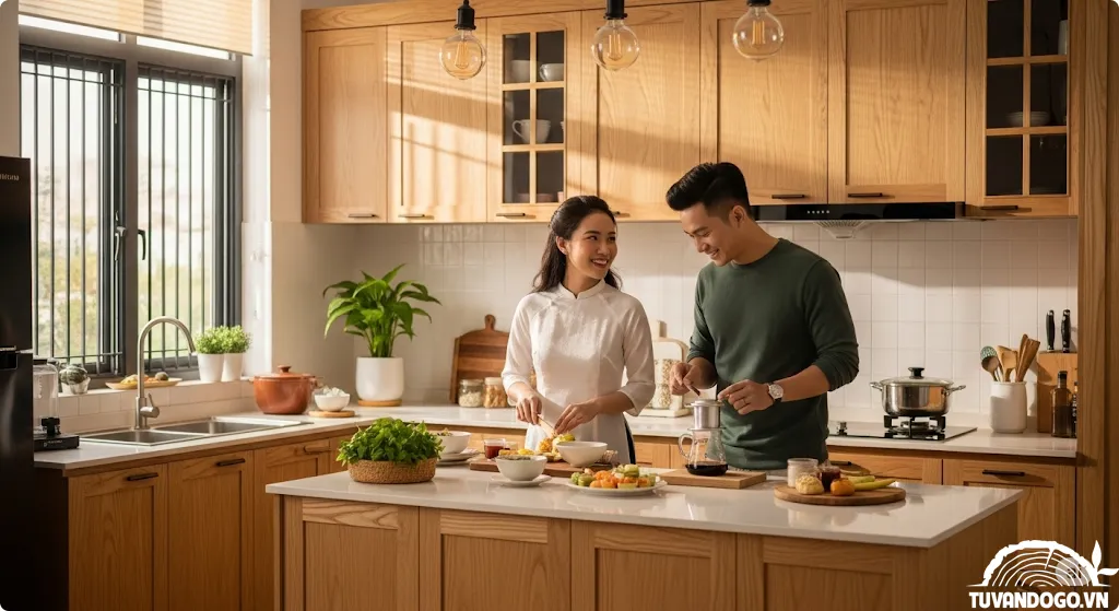 Tủ bếp gỗ tự nhiên hiện đại và ấm cúng cho gia đình Việt