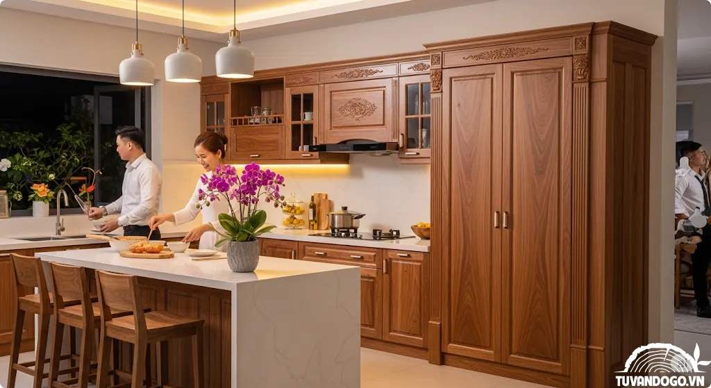 Tủ bếp gỗ tự nhiên cao cấp, tủ bếp gỗ óc chó, tủ bếp gỗ gõ đỏ, thiết kế bếp hiện đại