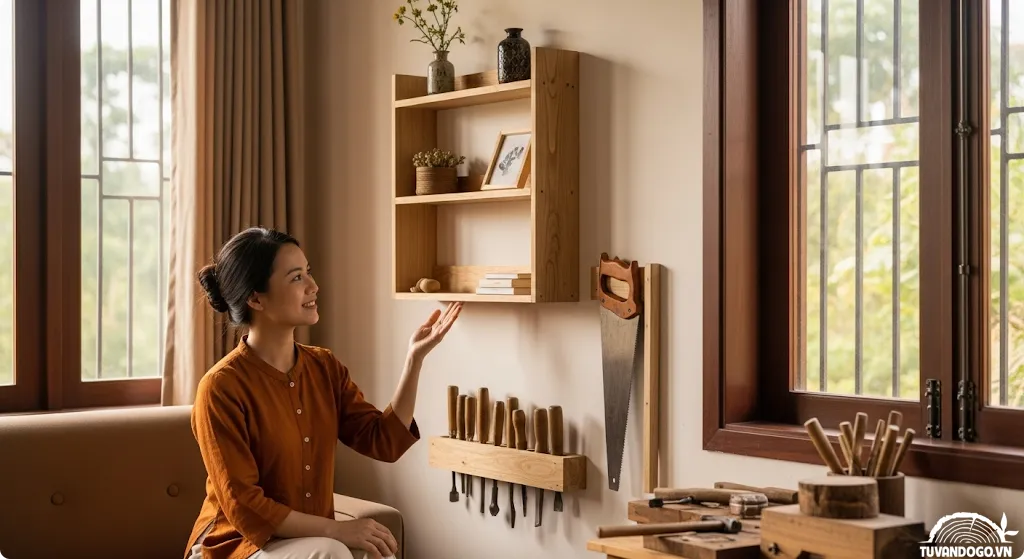 Một người phụ nữ Việt Nam đang ngắm nhìn đồ nội thất gỗ tự làm