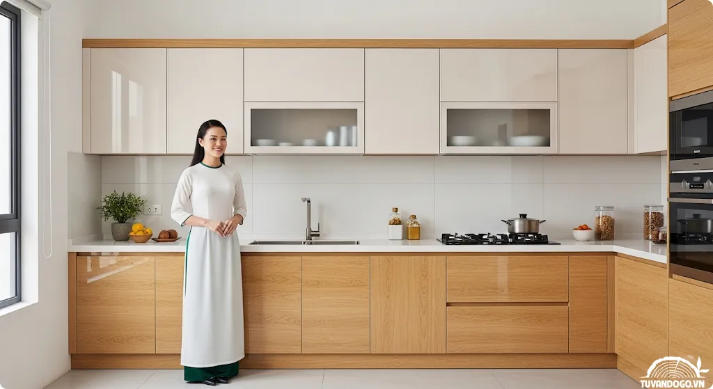 Tủ bếp làm từ gỗ công nghiệp hiện đại