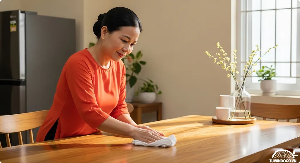Người phụ nữ Việt Nam đang vệ sinh, lau chùi bàn gỗ tự nhiên đúng cách