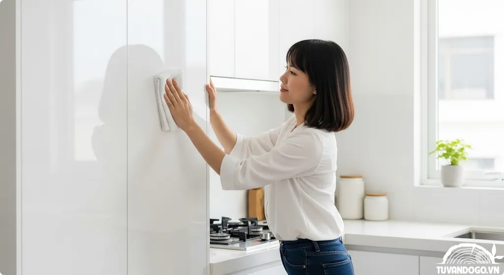 Vệ sinh tủ bếp gỗ công nghiệp phủ Acrylic