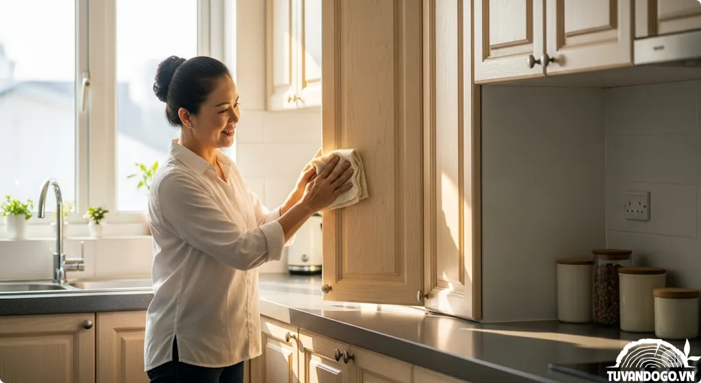 Hình ảnh người phụ nữ Việt Nam đang vệ sinh tủ bếp gỗ sáng bóng