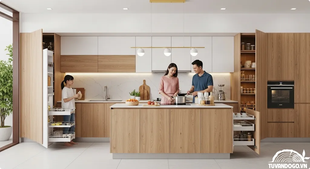 Xu hướng thiết kế tủ bếp gỗ thông minh hiện đại 2025 cho gia đình Việt